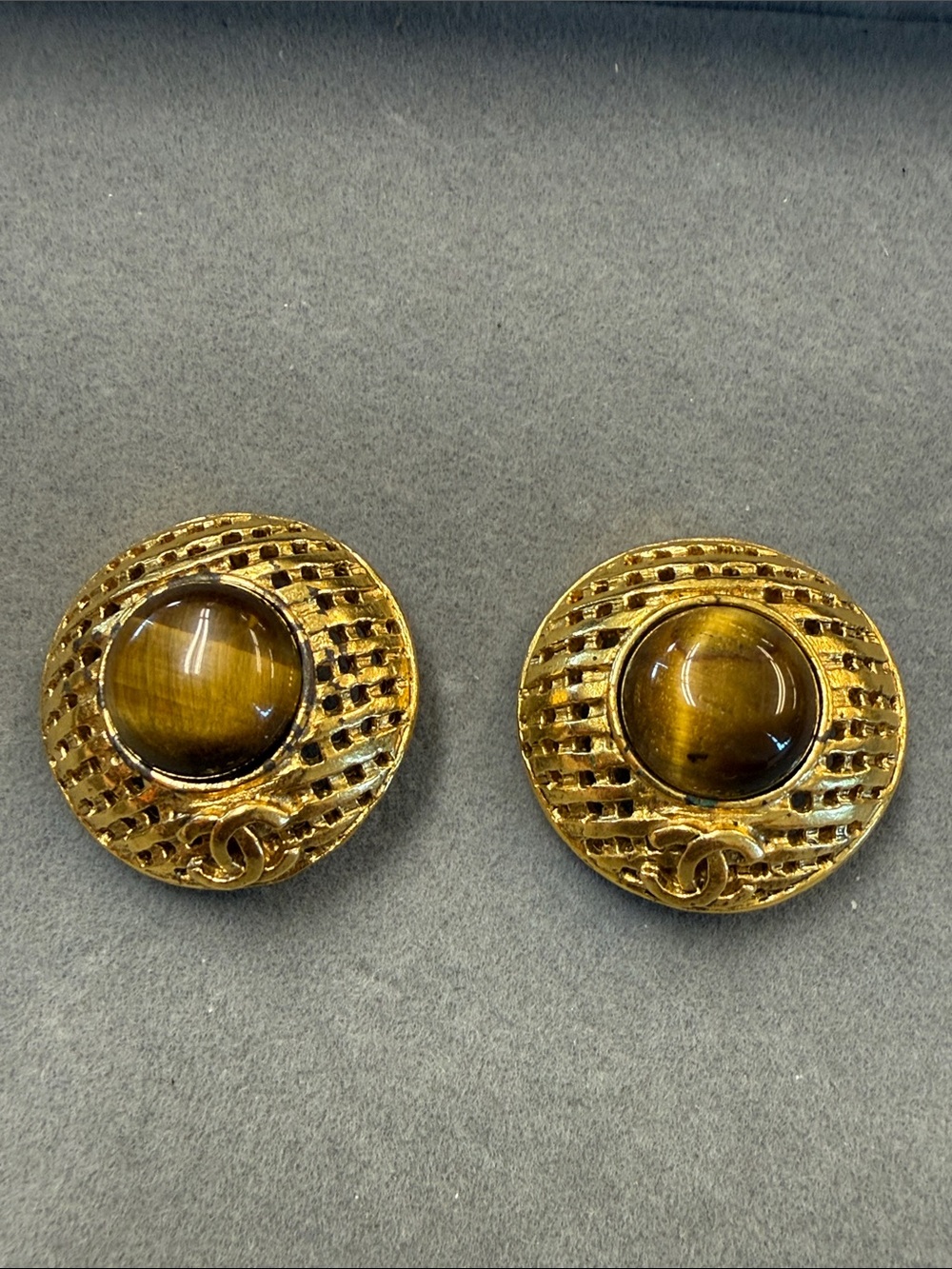 CHANEL Gold-Tone Tiger's Eye Cabochon Button Earrings